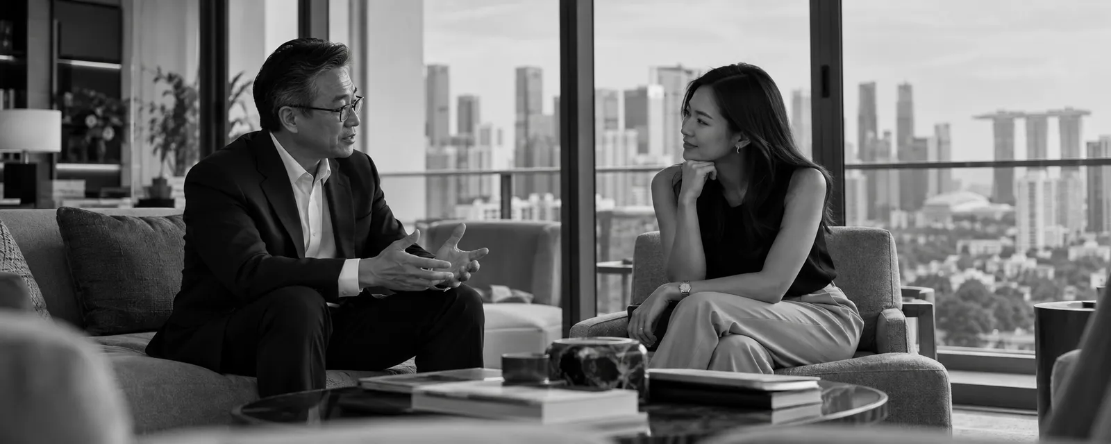 Coach and client talking over coffee in a Singapore office, one taking notes in a notebook